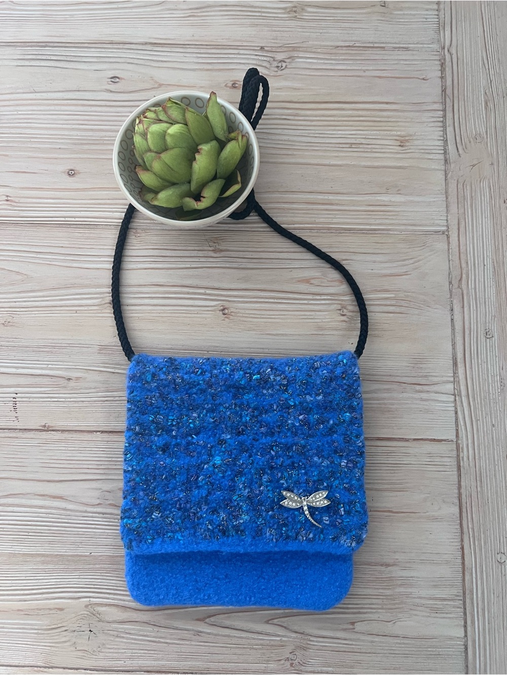 Mette Pedersen Handmade Felted Wool Crossbody Bag Blue Artisan Dragonfly